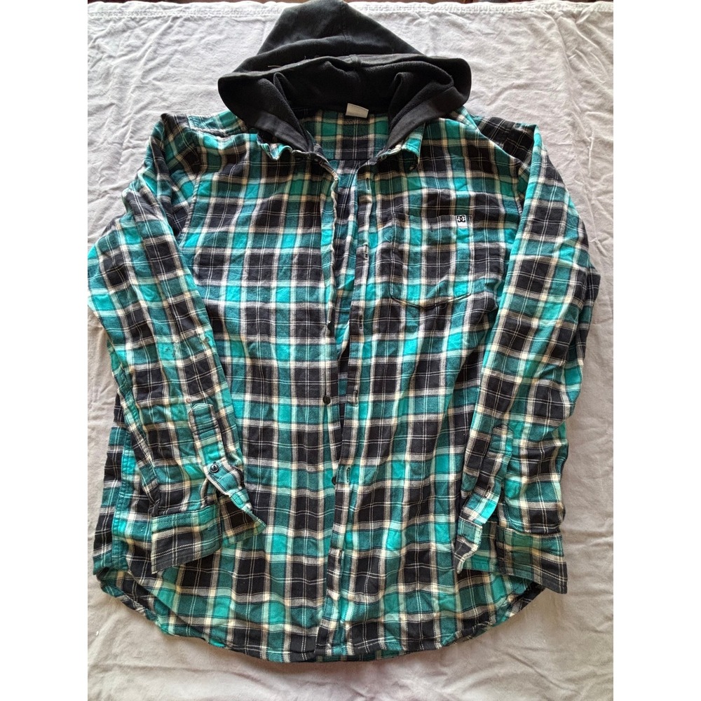 DC Shoes Mens Hooded Flannel Shirt Teal Black Plaid Long Sleeve Button Down M